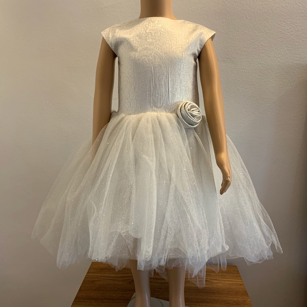 Halabaloo Little Girls Silver Jacquard Tule Dress
